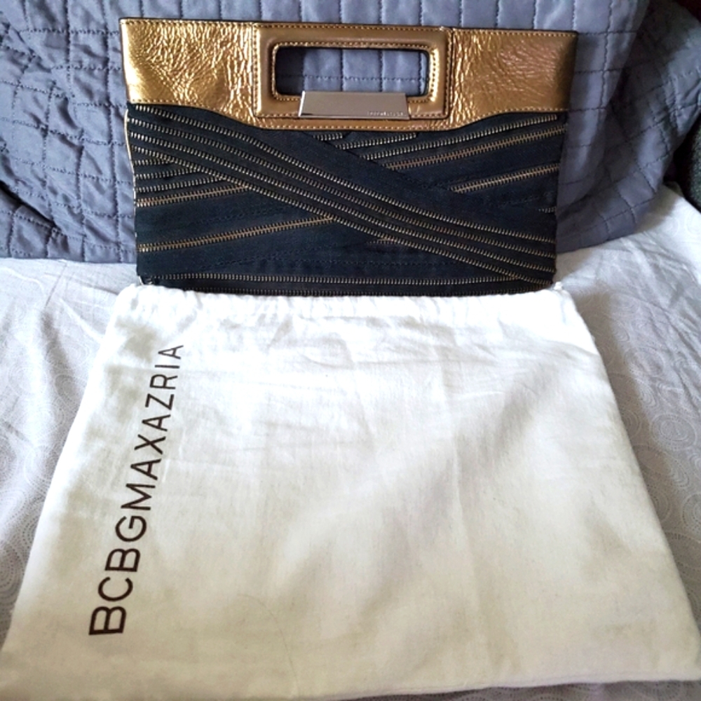 Like New Bcbgmaxazria golden bronze leather and clutch
